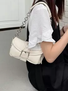 Vintage Soft Leather Motorcycle Bag, Unique And Versatile Style, Large Capacity With Multiple Front Pockets, Chain Strap And Elegant Metal Details Satchel Bag Suitable For Office, Street Style And University, Shoulder Bag For White-collar Workers - Beige - View 3