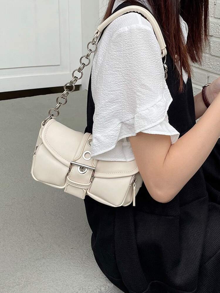 Vintage Soft Leather Motorcycle Bag, Unique And Versatile Style, Large Capacity With Multiple Front Pockets, Chain Strap And Elegant Metal Details Satchel Bag Suitable For Office, Street Style And University, Shoulder Bag For White-collar Workers