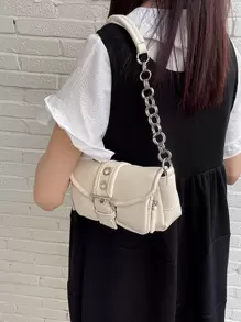 Vintage Soft Leather Motorcycle Bag, Unique And Versatile Style, Large Capacity With Multiple Front Pockets, Chain Strap And Elegant Metal Details Satchel Bag Suitable For Office, Street Style And University, Shoulder Bag For White-collar Workers - Beige - View 6