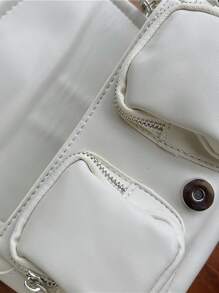 Vintage Soft Leather Motorcycle Bag, Unique And Versatile Style, Large Capacity With Multiple Front Pockets, Chain Strap And Elegant Metal Details Satchel Bag Suitable For Office, Street Style And University, Shoulder Bag For White-collar Workers - Beige - View 5