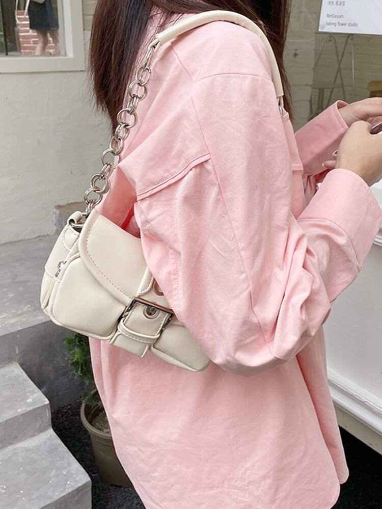 Vintage Soft Leather Motorcycle Bag, Unique And Versatile Style, Large Capacity With Multiple Front Pockets, Chain Strap And Elegant Metal Details Satchel Bag Suitable For Office, Street Style And University, Shoulder Bag For White-collar Workers