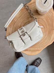 Vintage Soft Leather Motorcycle Bag, Unique And Versatile Style, Large Capacity With Multiple Front Pockets, Chain Strap And Elegant Metal Details Satchel Bag Suitable For Office, Street Style And University, Shoulder Bag For White-collar Workers - Beige - View 7