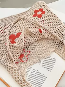 Bolso Tejido De Compras Con Estampado Floral Ligero Y Casual Para Adolescentes, Mujeres, Estudiantes Universitarios Perfecto Para La Universidad, La Escuela Secundaria, La Preparatoria, Actividades Al Aire Libre, Viajes, Excursiones, Compras - Albaricoque - Ver 3