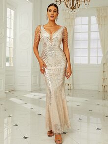 Missord Đầm Chuỗi Tương phản Mesh ghép mộng kim sa màu trơn Hấp dẫn - Vàng - Xem 5