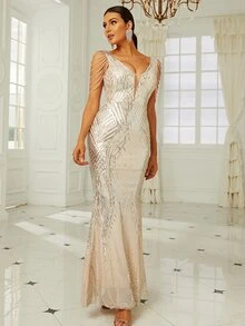 Missord Đầm Chuỗi Tương phản Mesh ghép mộng kim sa màu trơn Hấp dẫn - Vàng - Xem 6