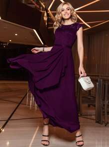 MIUSOL Contrast Floral Lace Ruffle Bodice Chiffon Wrap Hem Maxi Formal Dress - Purple - View 1