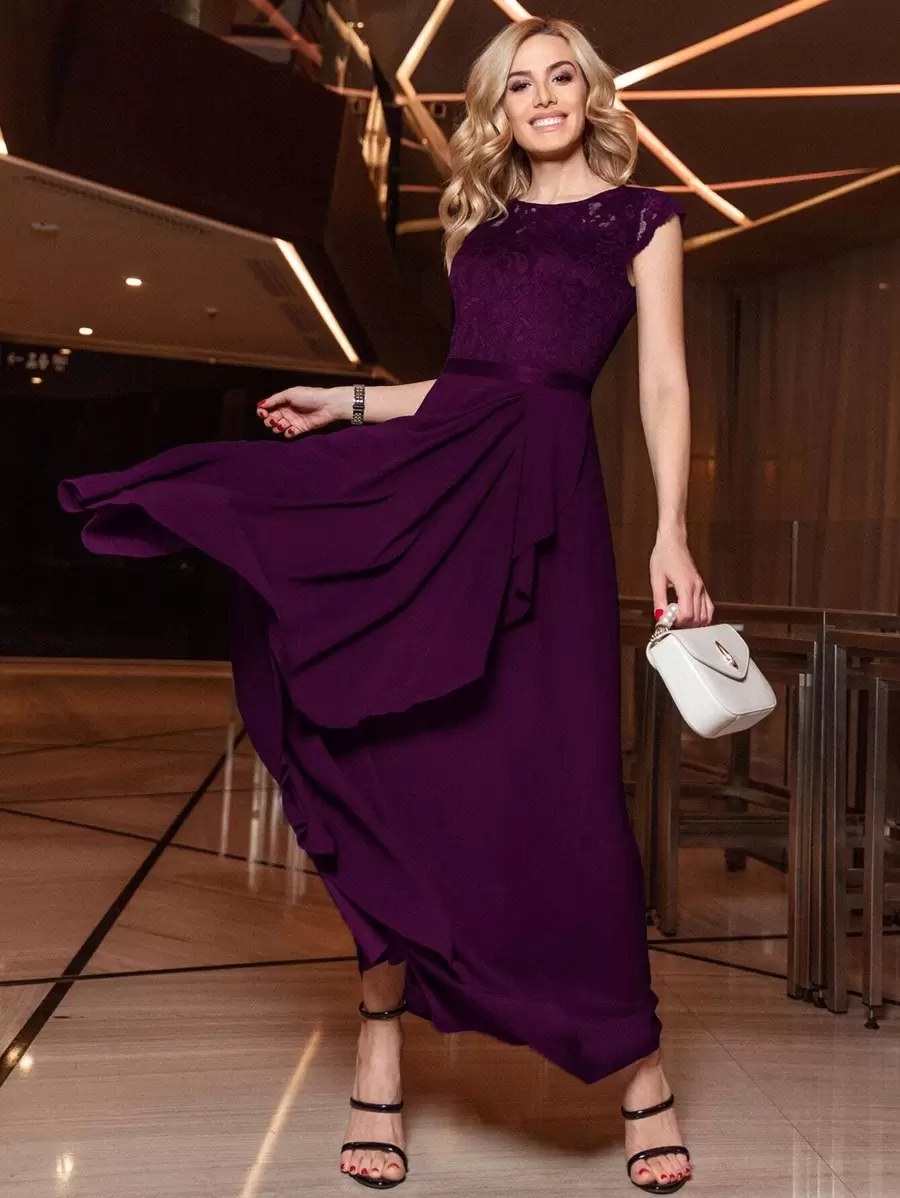 MIUSOL Contrast Floral Lace Ruffle Bodice Chiffon Wrap Hem Maxi Formal Dress - Purple - View 1