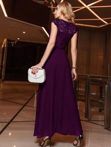 MIUSOL Contrast Floral Lace Ruffle Bodice Chiffon Wrap Hem Maxi Formal Dress - Purple - View 2