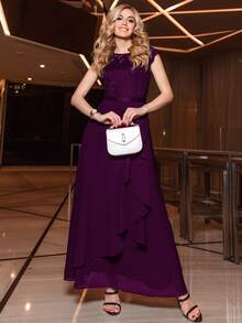 MIUSOL Contrast Floral Lace Ruffle Bodice Chiffon Wrap Hem Maxi Formal Dress - Purple - View 3