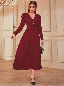 Modelyn Women Dresses Mutiara Ruched Plain Anggun - Burgundy - View 1