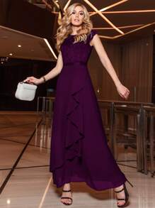 MIUSOL Contrast Floral Lace Ruffle Bodice Chiffon Wrap Hem Maxi Formal Dress - Purple - View 7