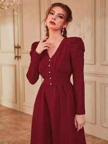Modelyn Women Dresses Mutiara Ruched Plain Anggun - Burgundy - View 3