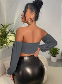 SHEIN SXY Off Shoulder Twist Front Cut Out Crop Top - Dark Grey - View 2