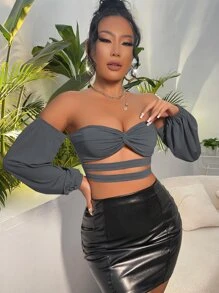 SHEIN SXY Off Shoulder Twist Front Cut Out Crop Top - Dark Grey - View 3
