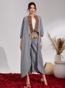 Al Najma 花卉刺繡流蘇系帶蝙蝠袖開門襟外套和褲子 - 灰色 - 查看 6