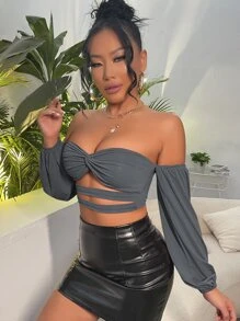 SHEIN SXY Off Shoulder Twist Front Cut Out Crop Top - Dark Grey - View 4