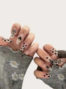 YTJ 24入組黑暗哥特式棺材形狀長款假指甲帶果凍膠水和指甲銼,適用於戶外,閒暇,派對,跳舞,日常穿著 - 黑色 - 查看 1