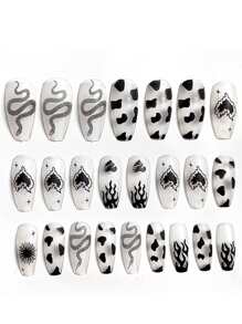 YTJ 24入組黑暗哥特式棺材形狀長款假指甲帶果凍膠水和指甲銼,適用於戶外,閒暇,派對,跳舞,日常穿著 - 黑色 - 查看 2