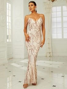 Missord Đầm cườm đính Tương phản Mesh ghép mộng kim sa Dây kéo màu trơn Hấp dẫn - Màu be - Xem 1