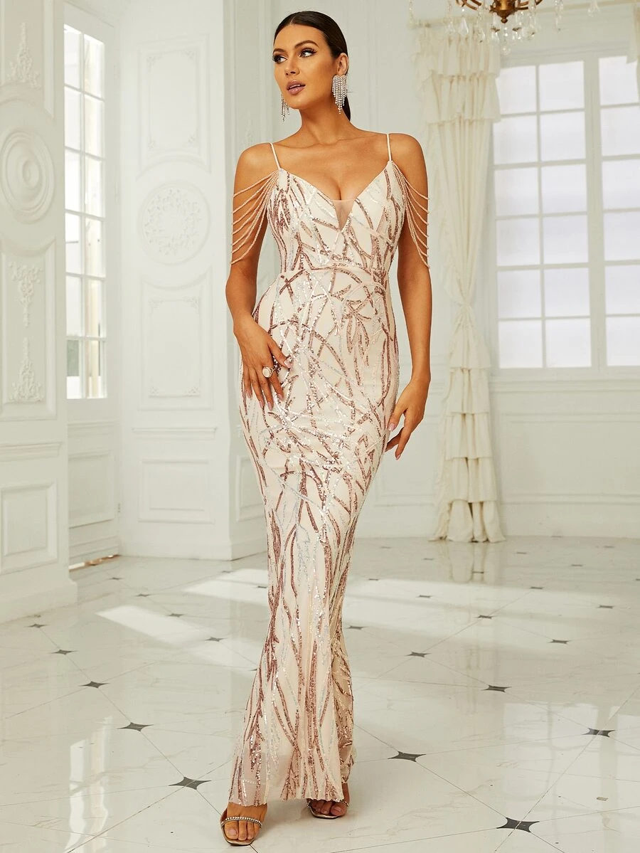 Missord Đầm cườm đính Tương phản Mesh ghép mộng kim sa Dây kéo màu trơn Hấp dẫn - Màu be - Xem 1