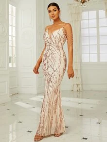 Missord Đầm cườm đính Tương phản Mesh ghép mộng kim sa Dây kéo màu trơn Hấp dẫn - Màu be - Xem 3