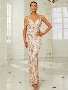 Missord Đầm cườm đính Tương phản Mesh ghép mộng kim sa Dây kéo màu trơn Hấp dẫn - Màu be - Xem 4