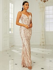 Missord Đầm cườm đính Tương phản Mesh ghép mộng kim sa Dây kéo màu trơn Hấp dẫn - Màu be - Xem 6