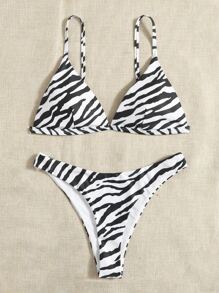 SHEIN Swim Bộ Bikini Nữ Sọc ngựa vằn - Đen và trắng - Xem 1