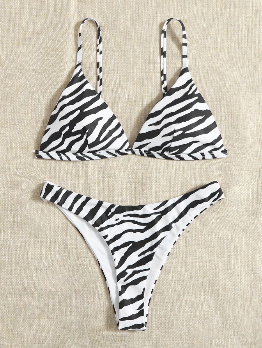 SHEIN Swim Bộ Bikini Nữ Sọc ngựa vằn - Đen và trắng - Xem 1