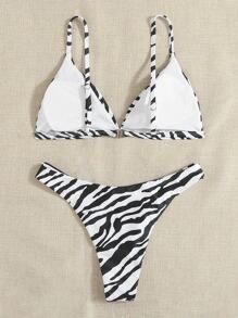 SHEIN Swim Bộ Bikini Nữ Sọc ngựa vằn - Đen và trắng - Xem 2