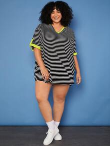 SHEIN CURVE+ Plus Striped Notched Neck Roll Tab Sleeve Tee Dress - Black and White - View 3