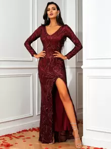 LOVE&LEMONADE Sequin Split Thigh Mermaid Hem Bodycon Formal Gown - Maroon - View 1