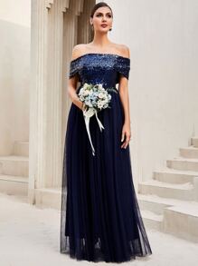 LOVE&LEMONADE Off Shoulder Contrast Sequin Mesh Hem Bridesmaid Dress