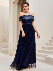 LOVE&LEMONADE Off Shoulder Contrast Sequin Mesh Hem Bridesmaid Dress