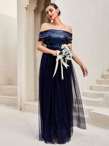 LOVE&LEMONADE Off Shoulder Contrast Sequin Mesh Hem Bridesmaid Dress