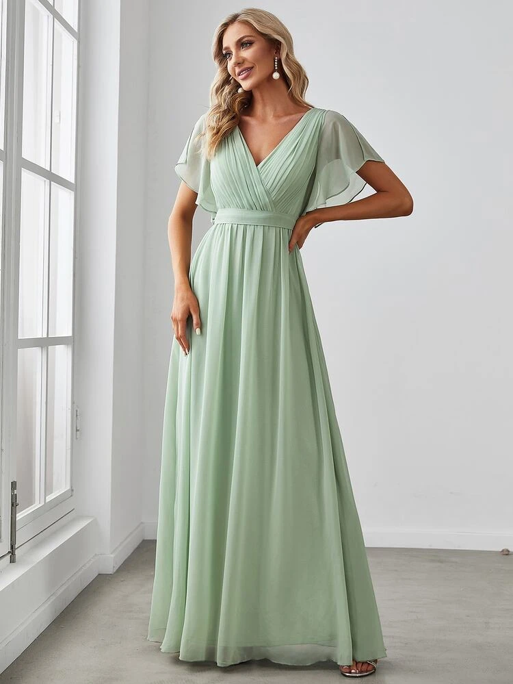 Butterfly Sleeve Tie-Front Ruched Chiffon Sage Green Bridesmaid Dress, Elegant Dress For Wedding Guest, Spring Semi-Formal Dress
