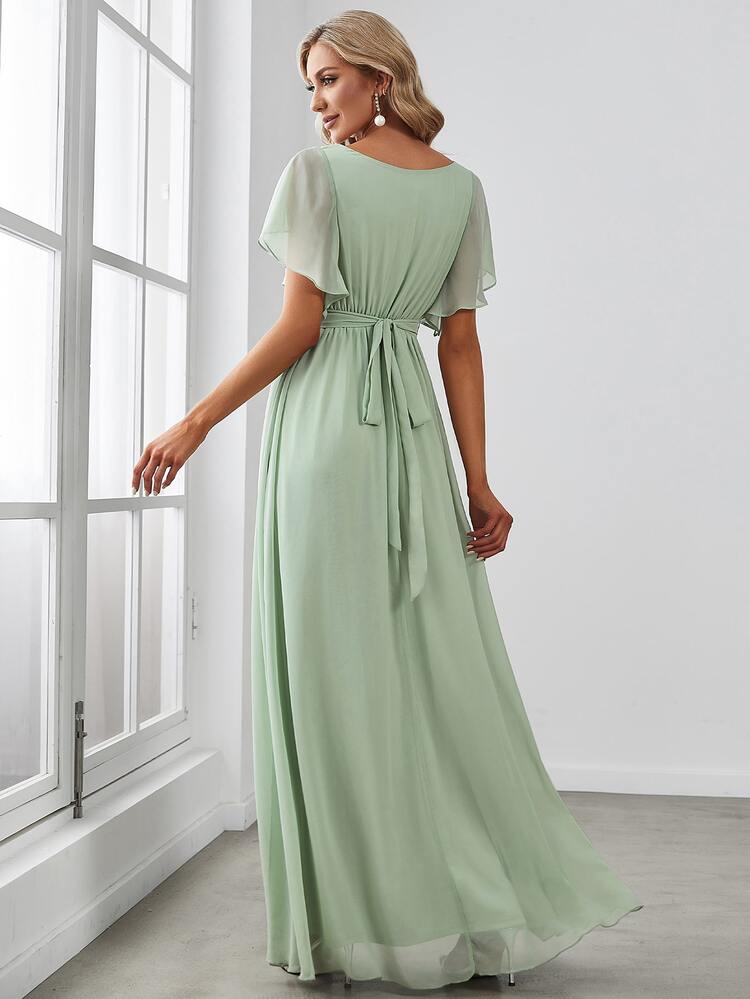 Butterfly Sleeve Tie-Front Ruched Chiffon Sage Green Bridesmaid Dress, Elegant Dress For Wedding Guest, Spring Semi-Formal Dress