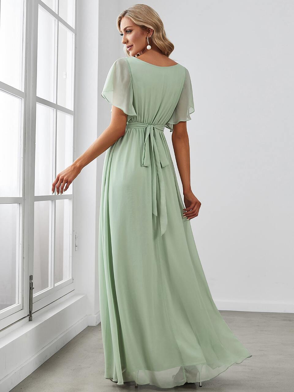 butterfly sleeve bridesmaid dress Surplice Neck Ruched Butterfly Sleeve Chiffon Bridesmaid Dress