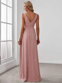 Spring V-Neck Split Bridesmaid Dress, Elegant Wedding Guest Dress For Women - Baby Pink - View 3