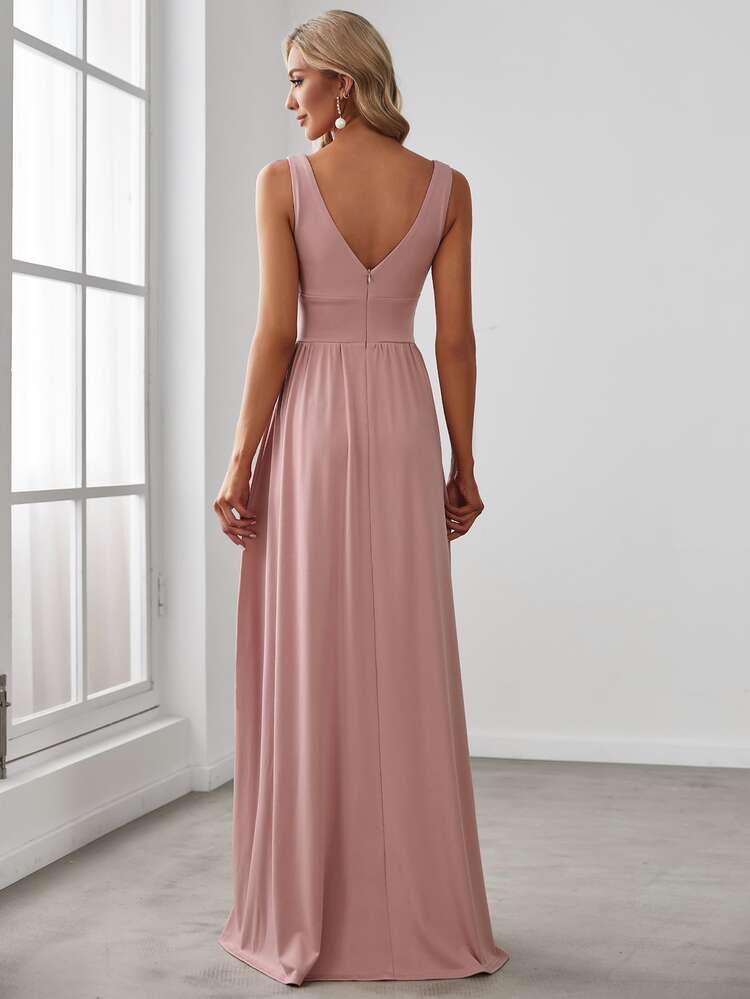 Spring V-Neck Split Bridesmaid Dress, Pink Elegant Wedding Guest Formal Dress, Wedding Dresses For Bridal And Special Occasion