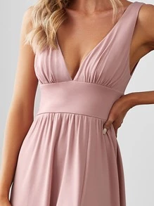 Spring V-Neck Split Bridesmaid Dress, Elegant Wedding Guest Dress For Women - Baby Pink - View 6