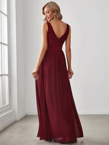 EVERPRETTY Contrast Lace Double V Neck Ruched Chiffon Bridesmaid Dress - Burgundy - View 2