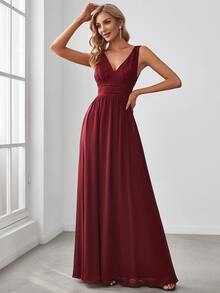 EVERPRETTY Contrast Lace Double V Neck Ruched Chiffon Bridesmaid Dress - Burgundy - View 3