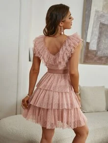 Simplee Dobby Mesh Ruffle Trim Layered Hem Belted Mesh Dress - Dusty Pink - View 2