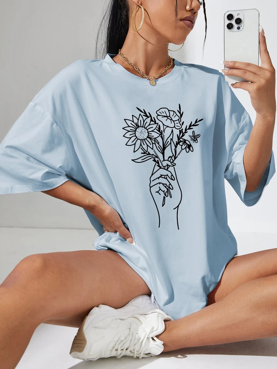 Figure & Floral Print Drop Shoulder Oversized Tee - Blue - View 1