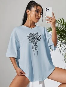 Figure & Floral Print Drop Shoulder Oversized Tee - Blue - View 3