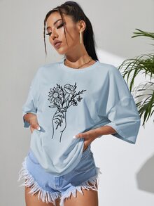 Figure & Floral Print Drop Shoulder Oversized Tee - Blue - View 5