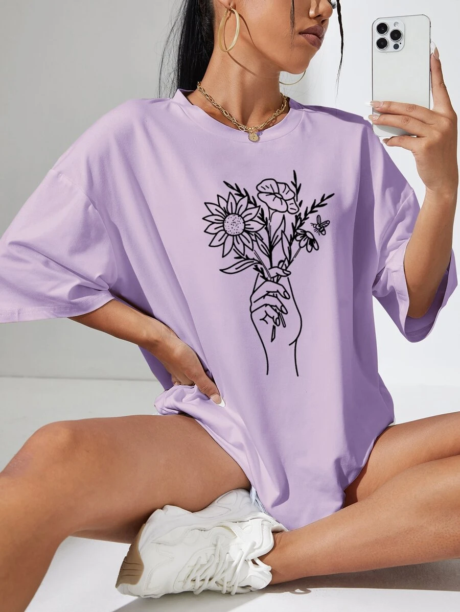 SHEIN EZwear Figure & Floral Print Drop Shoulder Oversized Tee - Lilac Purple - View 1