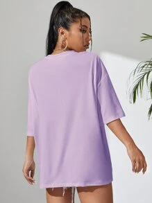 SHEIN EZwear Figure & Floral Print Drop Shoulder Oversized Tee - Lilac Purple - View 2