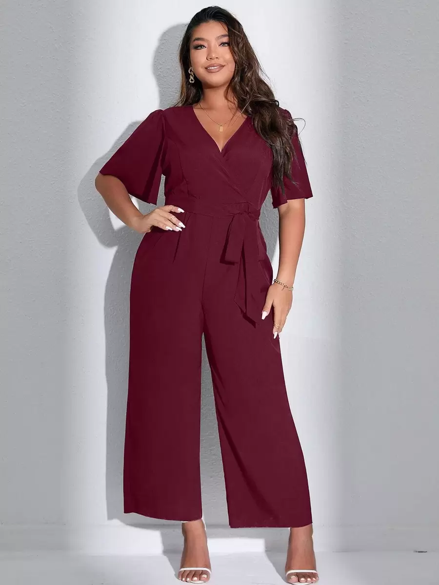 SHEIN Unity Plus Surplice Front Belted Jumpsuit - Burgundy - View 1